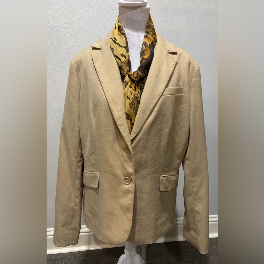New York & Co khaki or camel  lined blazer top stitch detail size 16